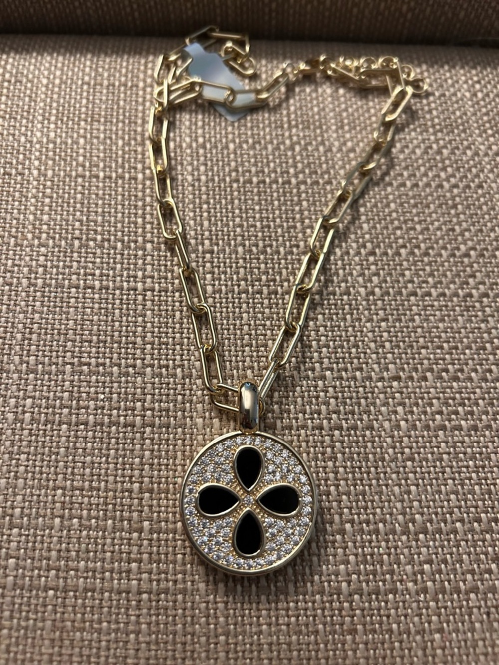 Gold-Tone Black Enamel & Pave Disc Pendant Necklace